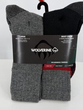 Wolverine Men's Wilderness Thermal Boot Crew Socks Large L/7-12 Wool Black/Red/G